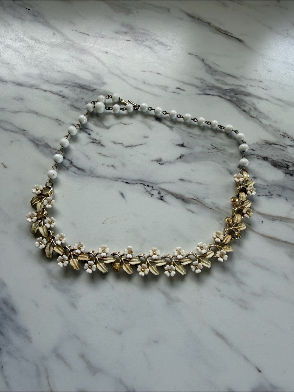 Vintage Coro Floral Necklace White Milk Glass Beads Gold Tone Enamel Flowers